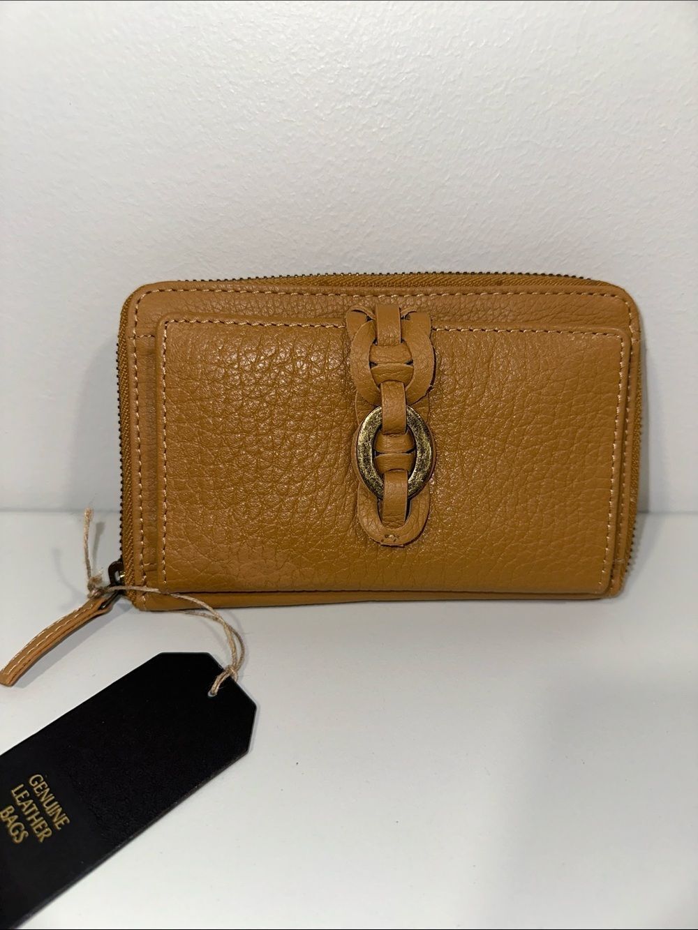GLB Camel Brown Genuine Leather Braided Snap & Flap Front Accordion Zip Wallet